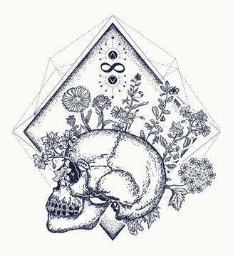 Human skull through which flowers, tattoo art, symbol of life