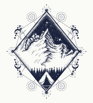 Mountains tattoo art. Symbol of tourism, travel, adventures