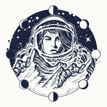 Woman astronaut tattoo art. Spaceman exploring new planets