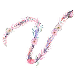 Capital letter V of watercolor pink and purple flowers, isolated hand drawn on a white background, wedding design, english alphabet for the festive and wedding decor and cards