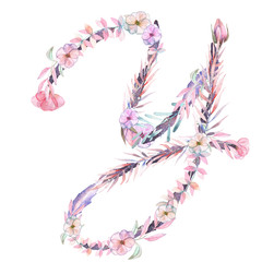 Capital letter Y of watercolor pink and purple flowers, isolated hand drawn on a white background, wedding design, english alphabet for the festive and wedding decor and cards