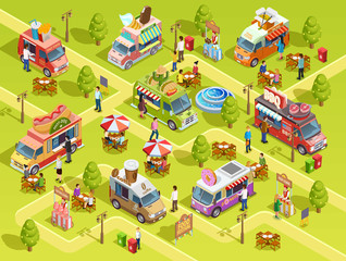 Food Trucks Outdoors Isometric Composition Poster 