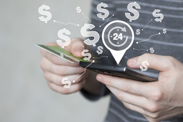 Businessman confirms on phone 24 hours service dollar confidential credit card