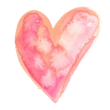 Big pale pink and pastel orange peach orange heart painted in watercolor on clean white background
