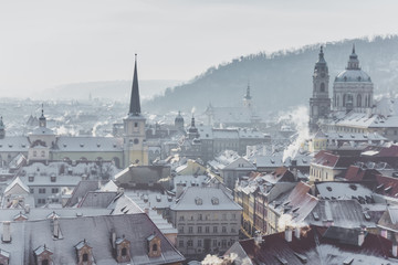 View of Prague under the snow in winter