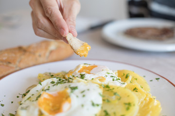 woman hand with piece of bread dipping in fried yolk egg of typical Spanish food, with sliced fried potatoes, and chopped parsley
