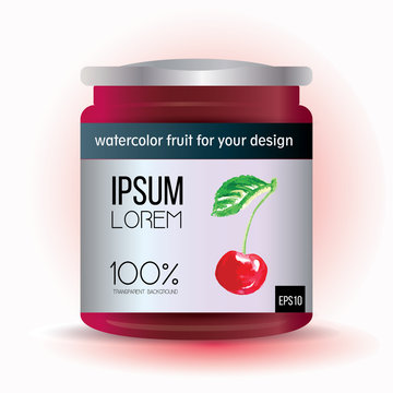 Template label design with watercolor cherry for fruit jam, compote, marmalade, candy. Glass jar with with jam, confiture or honey. Vector illustration. Packaging collection. Label for jam.