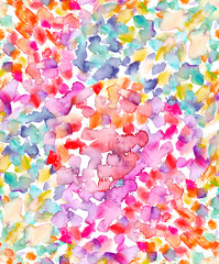 Seamless background pattern with bright pink, turquoise blue and yellow dots and stains painted in watercolor