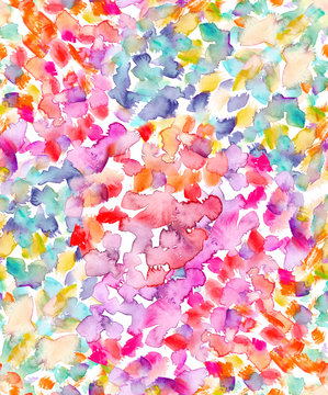 Seamless background pattern with bright pink, turquoise blue and yellow dots and stains painted in watercolor