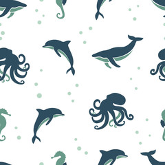 Seamless sea animals pattern. Vector background with whale, dolphin, octopus, seahorse.