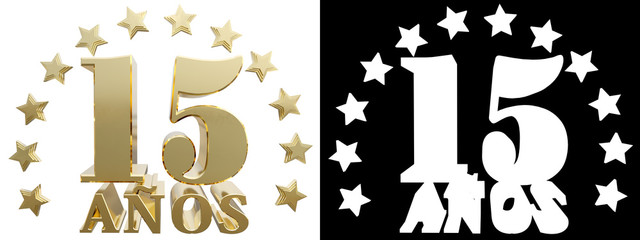 Fototapeta premium Golden digit fifteen and the word of the year, decorated with star. Translated from the Spanish. 3D illustration