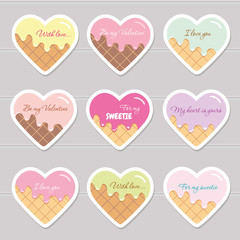 Valentine s day stickers. Cartoon hearts with sample text.