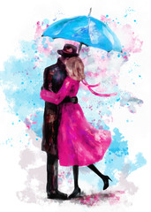 romantic couple under an blue umbrella. Kiss. Watercolor lovely illustration for valentine's day. Young Man and woman in dress and shoes. Smooch. background with splash paint. Love