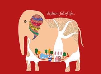 vector illustration with a cartoon style elephant on the red background with a country side scene:girl near the house with a dog, lake and trees inside 