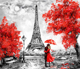 Oil Painting, Paris. european city landscape. France, Wallpaper, eiffel tower. Black, white and red, Modern art. Couple under an umbrella on street - obrazy, fototapety, plakaty