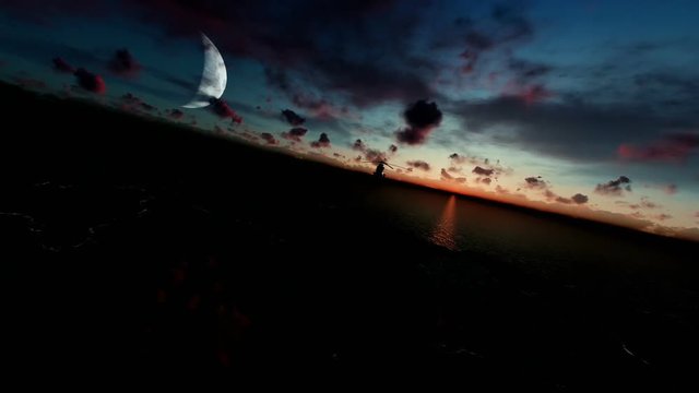 Military helicopter flying over ocean, timelapse sunrise with half moon