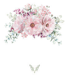 Card, Watercolor wedding invitation design with roses and leaves. flower, background with floral elements. Template.  frame