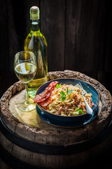 Delicious spaghetti Carborana with becon, parsley and eggs