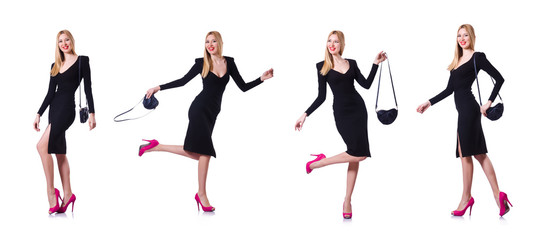 Woman in black dress in fashion concept on white