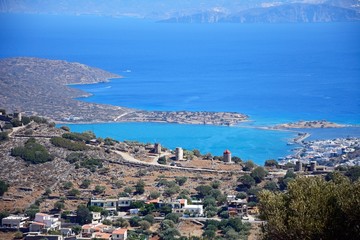 Fototapeta na wymiar Elevated view of Elounda with views across the sea towards the island of Spinalonga, Elounda, Crete.