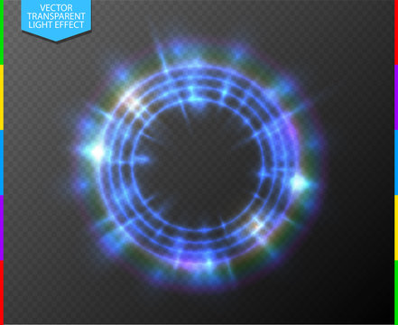 Abstract semitransparent blue light neon line glowing ring with colorful spotlight. Magic portal on transparent background. Glow translucent special effect