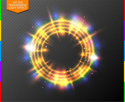 Abstract semitransparent golden light neon line glowing ring with colorful spotlight and spark. Magic sparkling portal on transparent background. Glow translucent special effect