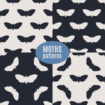Hand drawn hawk moth vector seamless patterns set
