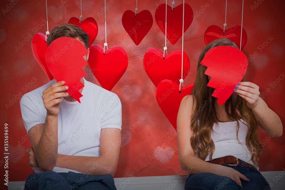 Sticker Composite image of couple holding broken heart 3d