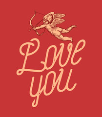 love you thin calligraphy vintage cupid card