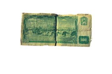 100 koruna bill of Czechoslovakia isolated on white background