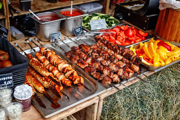 Barbecue roasted meat kebab hot grill, good snack outdoor picnic