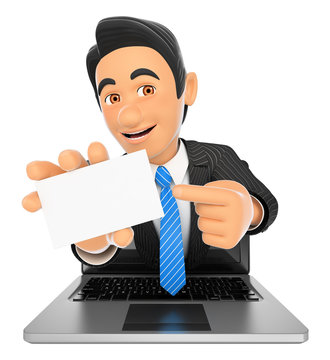3D Businessman coming out a laptop screen with a blank card