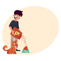Teenage boy giving food to his puppy, dog, cartoon vector on background with place for text. Full length portrait of black haired boy pouring food from package into bowl for his dog, puppy