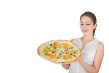 fun girl present pizza isolated on white background
