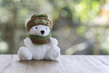 Teddy bear wearing a bobble hat and  yarn scarf on the backgroun