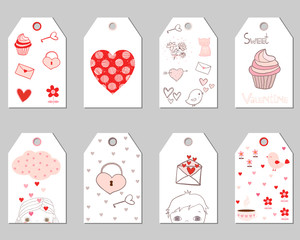Set of cute vector gift tags in pink and red colors for Valentine's day