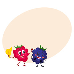 Cute and funny comic style raspberry and blackberry characters, cartoon vector illustration on background with place for text. Red and ripe raspberry character, mascot greeting blackberry with hat off