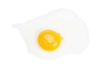 Close up of cracked egg on white background.