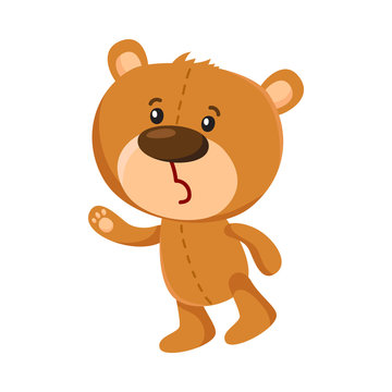 Cute traditional, retro style teddy bear character unhappily surprised, cartoon vector illustration isolated on white background. Teddy bear character sad, disappointed, unhappily surprised