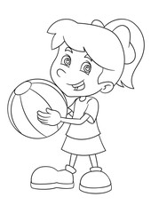 Cartoon girl holding ball and smiling - coloring page - illustration for children