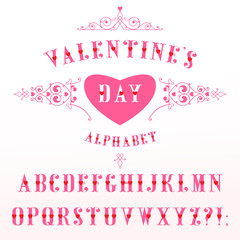 Elegant pink alphabet with red hearts in retro style