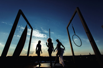 Beautiful dancers silhouettes performing aerial dance on roof at sunset