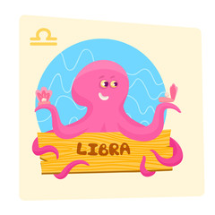 Vector pretty cartoon Libra zodiac sign octopus with wooden plaque air element illustration 