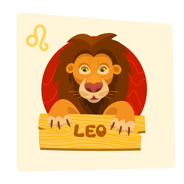 Vector pretty cartoon Leo zodiac sign lion with wooden plaque fire element illustration 