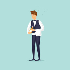 Restaurant waiter brought alcohol. Flat vector illustration in cartoon style.