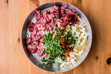 Turkish Dolma Stuff minced meat, onions, tomato paste, parsley, rice and spices