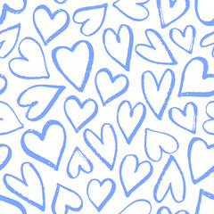 Seamless pattern with hand drawn hearts in blue on white background.