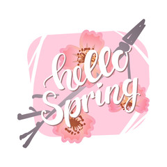 Hello Spring Lettering on background with spring flowers