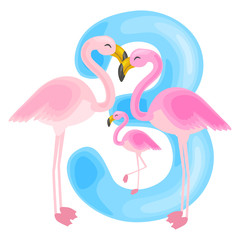 Fototapeta premium ordinal number 3 for teaching children counting three flamingos with the ability to calculate amount animals abc alphabet kindergarten books or elementary school posters collection vector illustration