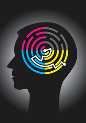 Color print maze solution.
Head silhouette with Labyrinth of print colors symbolizing successful solution of color printing. Vector available.